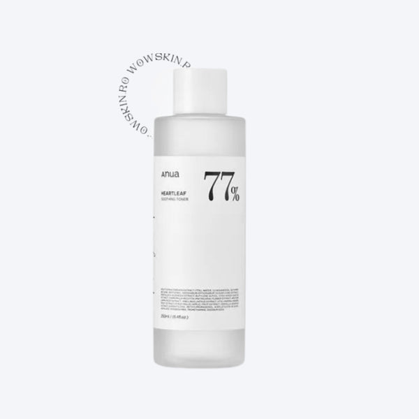Anua Heartleaf 77% Soothing Toner 250 ml calmează iritațiile și reduce roșeața, fiind ideal pentru ten sensibil și acneic. Formulat cu 77% extract de Heartleaf pentru un efect antiinflamator natural.